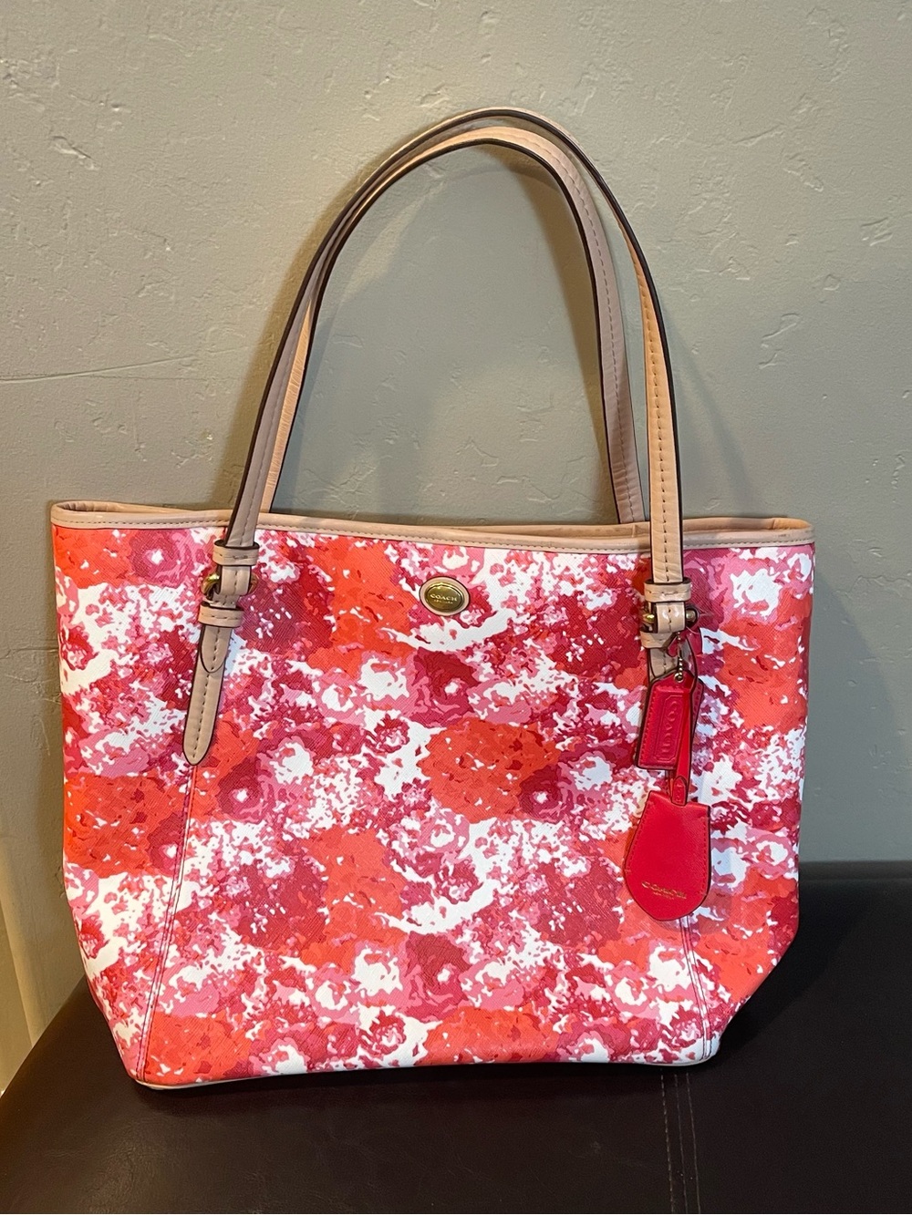 Coach Floral Print Tote Bag Coral and Pink leather handles large coated canvas